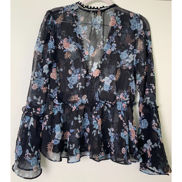 White House Black Market Black Peplum Semi Sheer Blouse Size MP - Picture 10 of 10